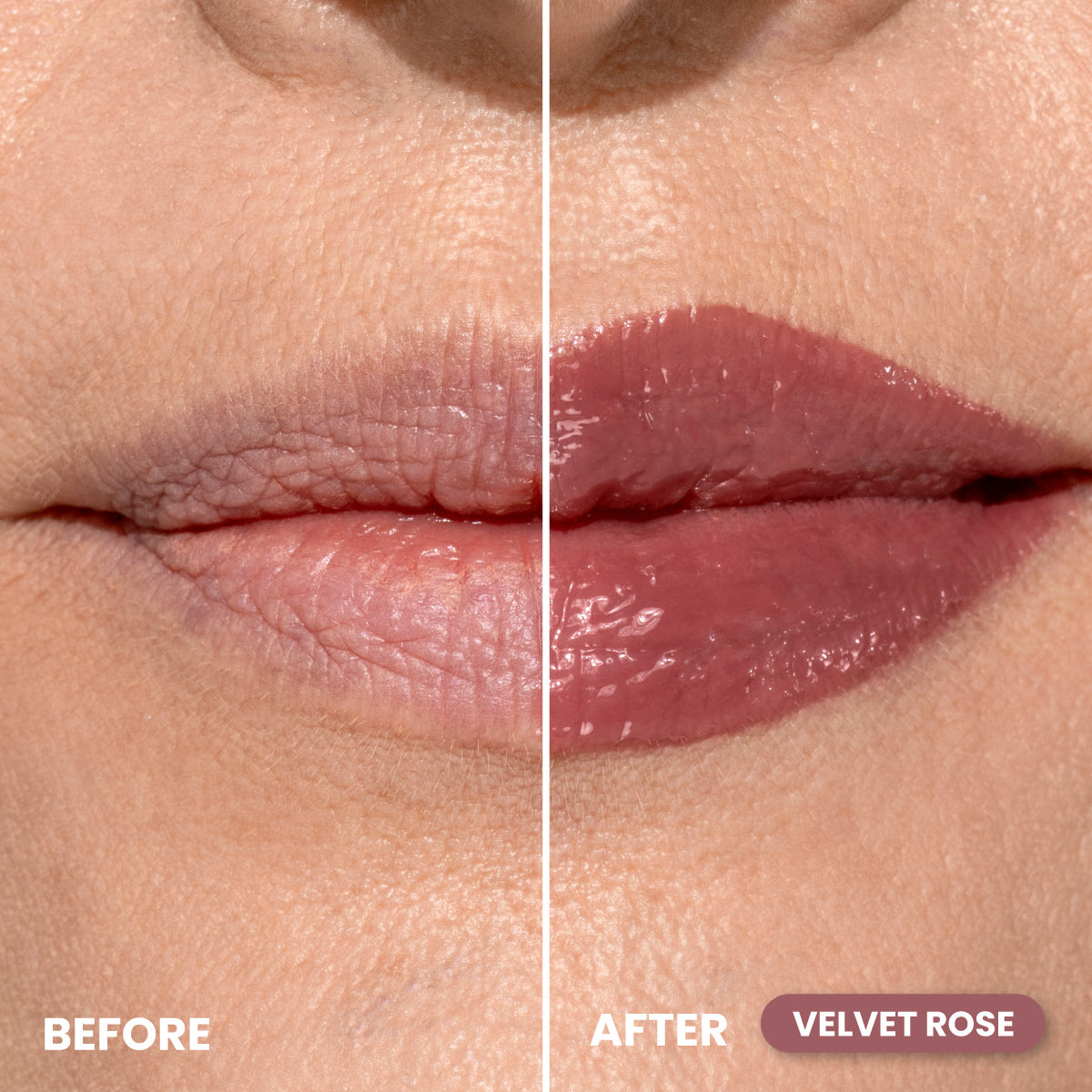 Before-and-after closeup showing chapped dry mature lips becoming glossy and plumped with Prime Prometics PrimeLip Plumping Lip Balm in Velvet Rose