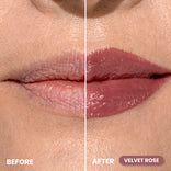 Before-and-after closeup showing chapped dry mature lips becoming glossy and plumped with Prime Prometics PrimeLip Plumping Lip Balm in Velvet Rose
