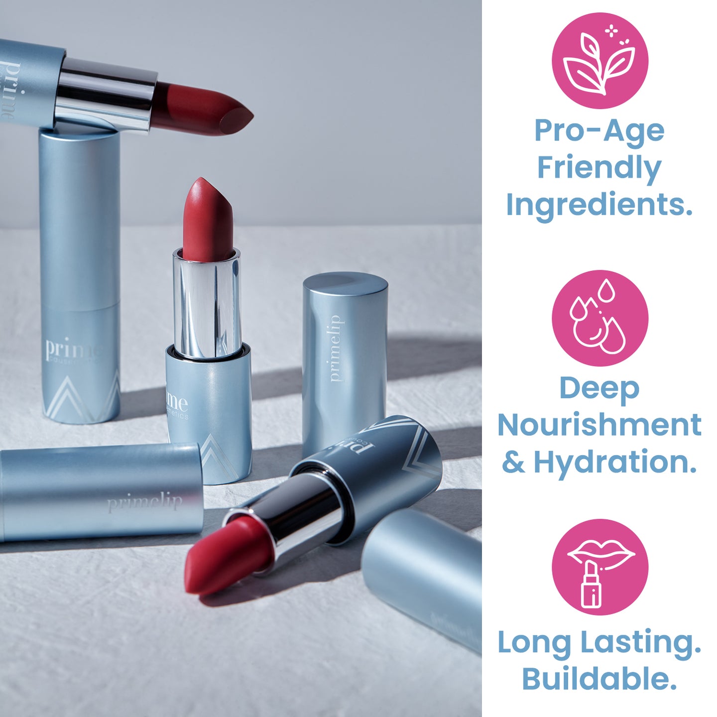 Prime Prometics PrimeLip Lipsticks: pro-age friendly ingredients, deep nourishment and hydration, long-lasting and buildable color