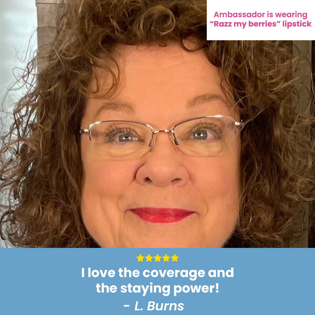 Ambassador L. Burns wearing Prime Prometics Razz My Berries lipstick, 5-star review: I love the coverage and the staying power