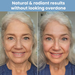 Side-by-side photos of a smiling older woman with long gray hair, before and after using the PrimePrometics™ PrimeWand Contour Kit for a subtle bronzed look. Text above: “Natural & radiant results without looking overdone.”.