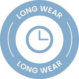 A blue circular badge with a clock icon in the center and the words LONG WEAR written on the top and bottom of the outer ring.