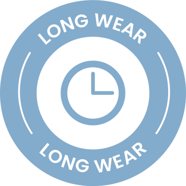 A blue circular badge with a clock icon in the center and the words LONG WEAR written on the top and bottom of the outer ring.