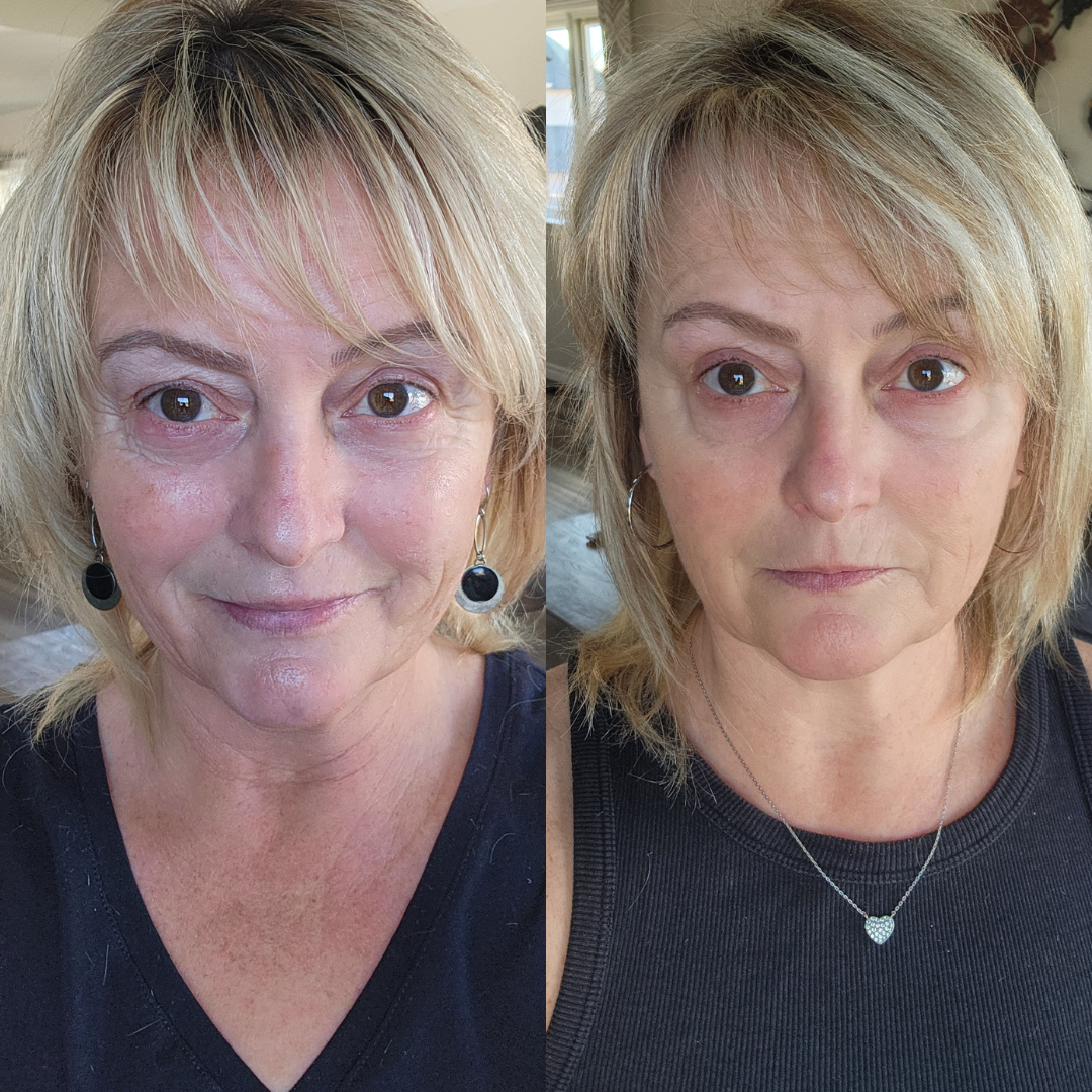 Side-by-side photos of a woman with blonde hair wearing a sleeveless black top. In both images, she is looking directly at the camera with a neutral expression. The lighting and background differ slightly.