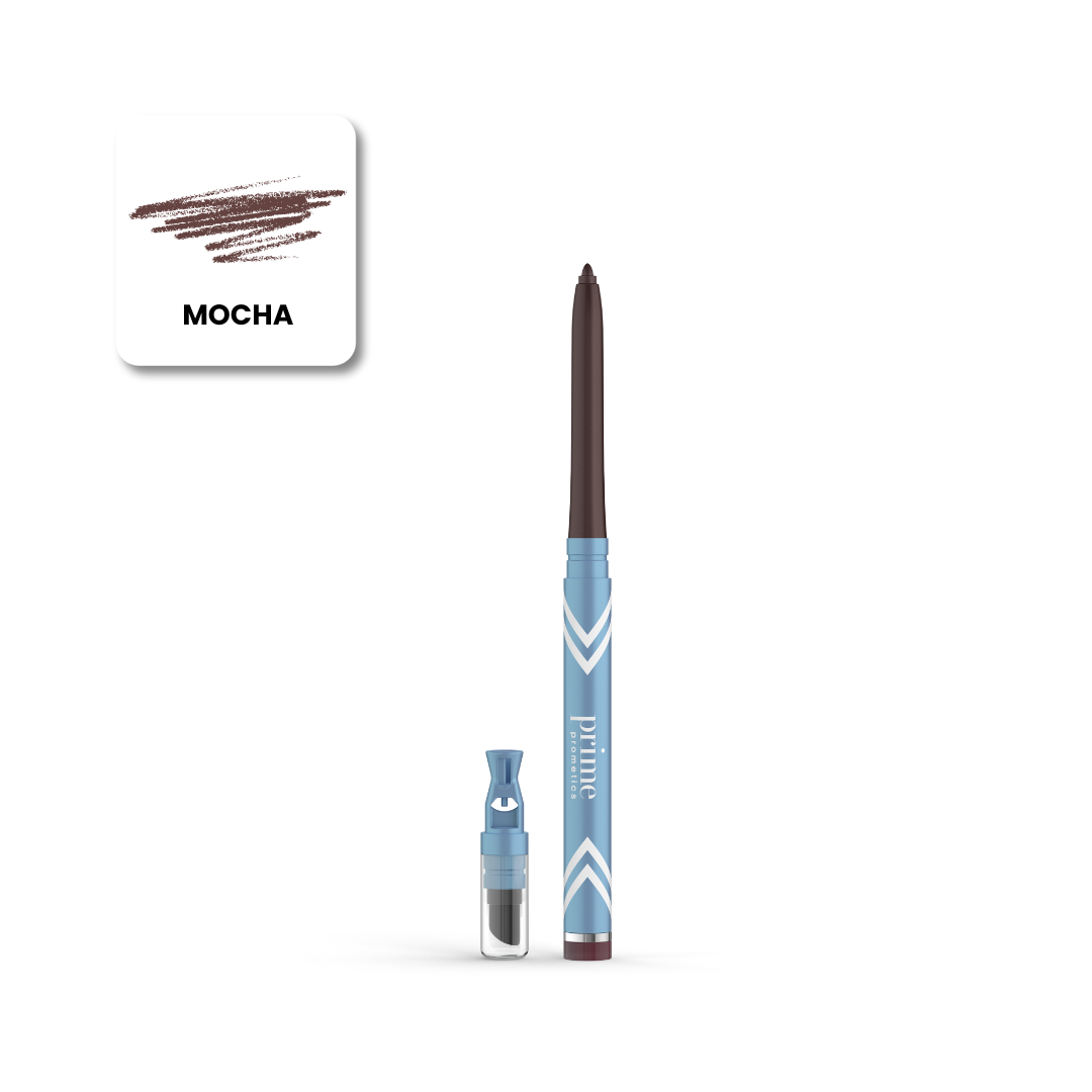 The PrimePrometics™ PrimeEyes Glide *New* Bundle features a brown retractable eyeliner pencil with a blue and white design, uncapped, and a mocha swatch labeled MOCHA. This smudge-proof liner offers precise, long-lasting color.