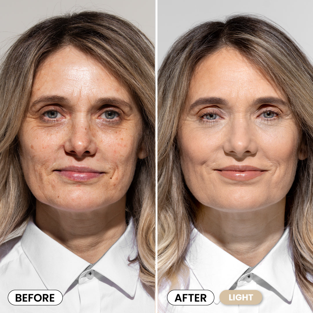 Side-by-side photos of a woman before and after using a light makeup shade. The left image shows her with visible wrinkles and blemishes, while the right shows smoother, brighter, and more even-toned skin. Labels read Before and After Light.