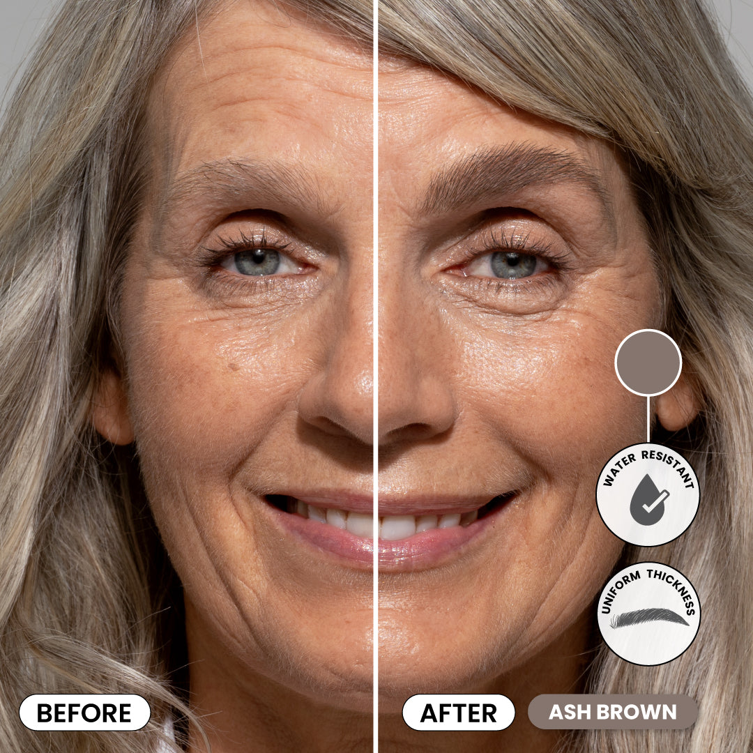 A close-up of a womans face divided in half, showing a before side with sparse eyebrows and an after side with fuller, defined ash brown eyebrows. Text highlights water resistance and uniform thickness.
