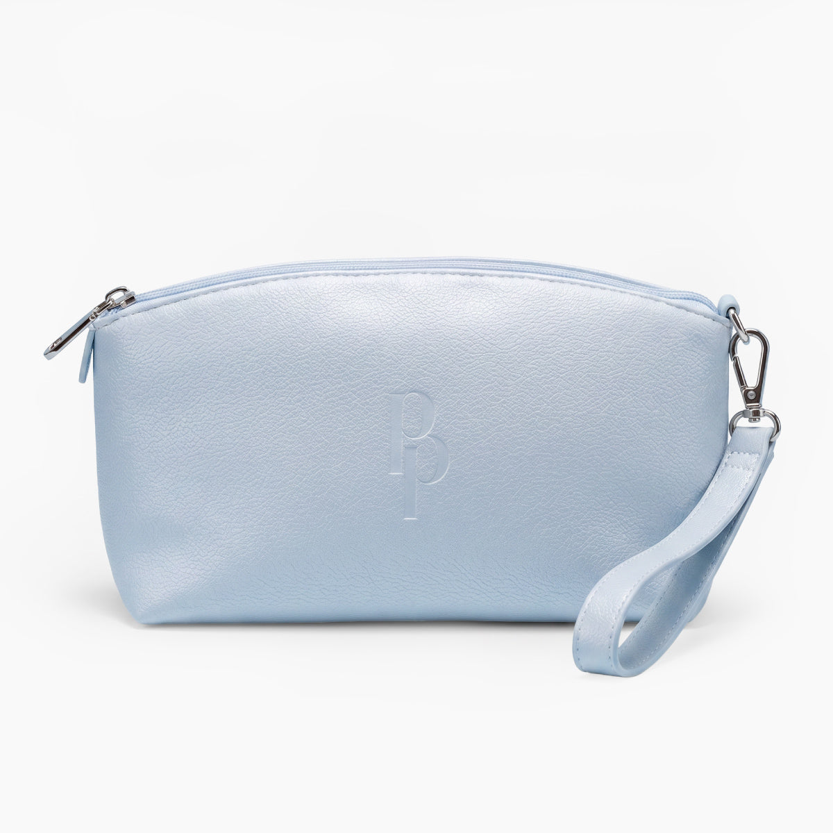 A light blue PU leather Makeup Bag by PrimePrometics™, featuring a zipper closure, detachable wrist strap, and a subtle embossed BP logo on the front, set against a white background—a stylish accessory for your beauty essentials.