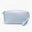A light blue PU leather Makeup Bag by PrimePrometics™, featuring a zipper closure, detachable wrist strap, and a subtle embossed BP logo on the front, set against a white background—a stylish accessory for your beauty essentials.