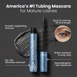 A blue tube of Primalash tubing mascara with its wand displayed on a textured smear of black mascara. Text highlights features: growth-supporting formula, up to 3x volume, water resistance, easy removal, hypoallergenic, and pH-balanced.