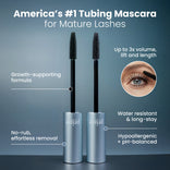 Two open mascara tubes with upright wands from the PrimePrometics™ Hollywood Glow Set. Features: growth-supporting formula, easy removal, up to 3x volume/lift/length, water resistance, hypoallergenic, pH-balanced. Ideal tubing mascara for mature lashes.