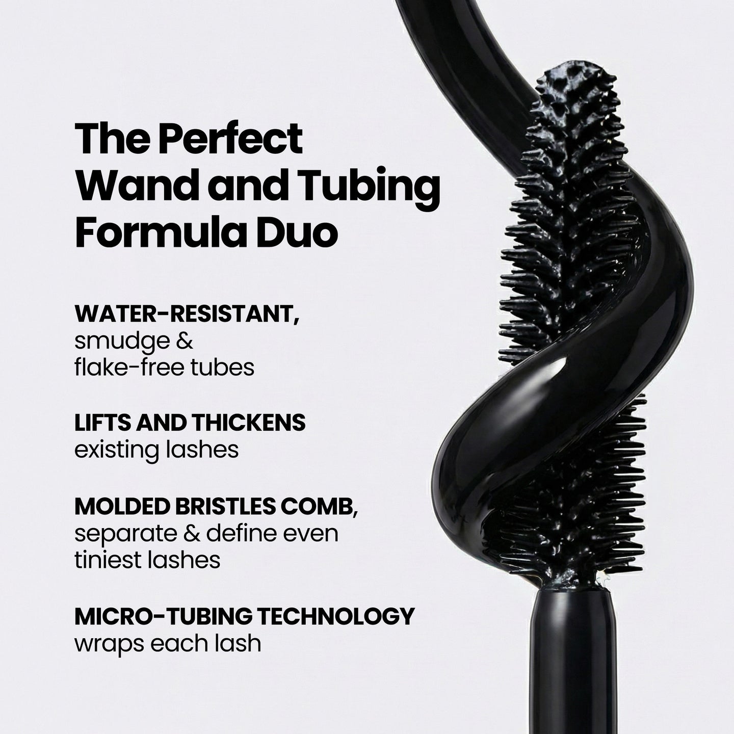 A close-up of a black PrimePrometics™ K.I.S.S Bundle mascara wand reveals its curved molded bristles. Text highlights key features: water-resistant, lifts and thickens lashes, molded bristle comb, and innovative micro-tubing technology for definition. For easy removal at the end of the day, simply pair with your favorite mascara remover.