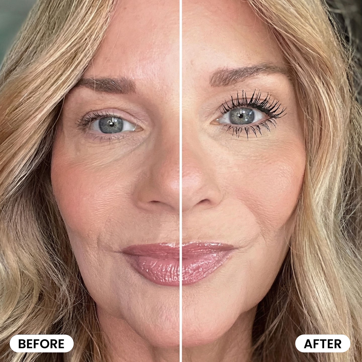 A split image displays a woman's face before and after makeup; the left side shows her natural look, while the right side features a transformation using the Effortless Beauty Bundle by PrimePrometics™, which includes a Foundation Brush to apply CC+ Cream, PrimeLash Mascara, and lipstick. "Before" and "After" labels appear in the bottom corners.