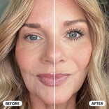 A split image displays a woman's face before and after makeup; the left side shows her natural look, while the right side features a transformation using the Effortless Beauty Bundle by PrimePrometics™, which includes a Foundation Brush to apply CC+ Cream, PrimeLash Mascara, and lipstick. "Before" and "After" labels appear in the bottom corners.