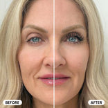 Split image of a woman's face. The left side, labeled Before, shows a natural look. The right side, labeled After, features enhanced eyelashes with mascara and a flawless complexion achieved using the Effortless Beauty Bundle by PrimePrometics™ for a more dramatic eye appearance and radiant finish.