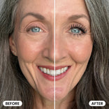 A woman's face is displayed split in half; the left side without makeup is labeled BEFORE, while the right side, featuring fuller lashes after using the PrimePrometics™ K.I.S.S Bundle, is labeled AFTER. She has light eyes, grayish hair, and a bright smile.