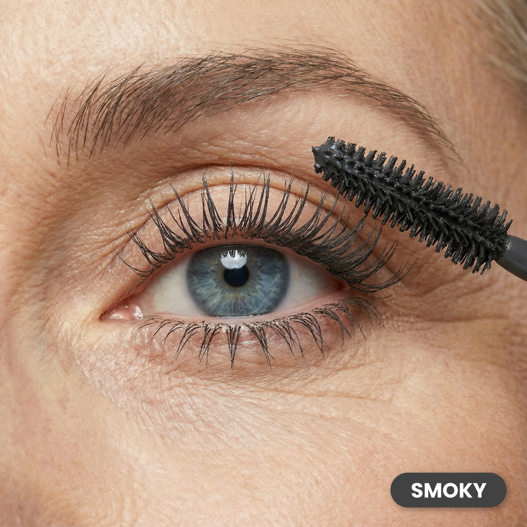 Closeup of an eye with Prime Prometics PrimeLash Mascara in Smoky, a charcoal grey shade