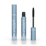 Three blue tubes of Mini PrimeLash Mascara by PrimePrometics™: one capped, one open to reveal the mascara, and one showing the black-bristled wand. Tubes feature white text and geometric patterns.
