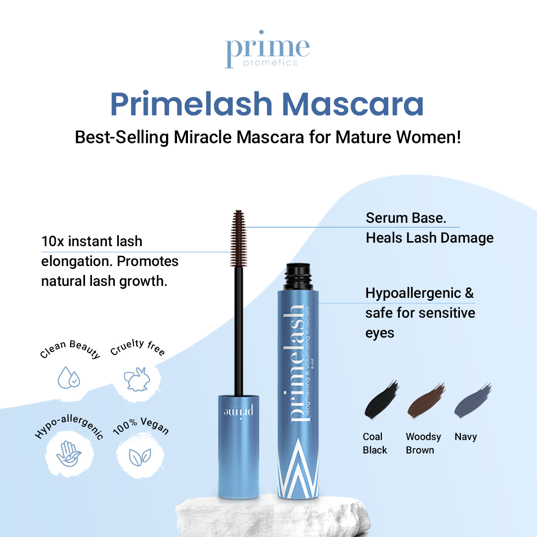 Three blue Eclectic Eyes mascara tubes from PrimePrometics™ are shown with wands applying brown, black, and blue shades. This pro-age, lash-thickening mascara features matching brush strokes above each tube.