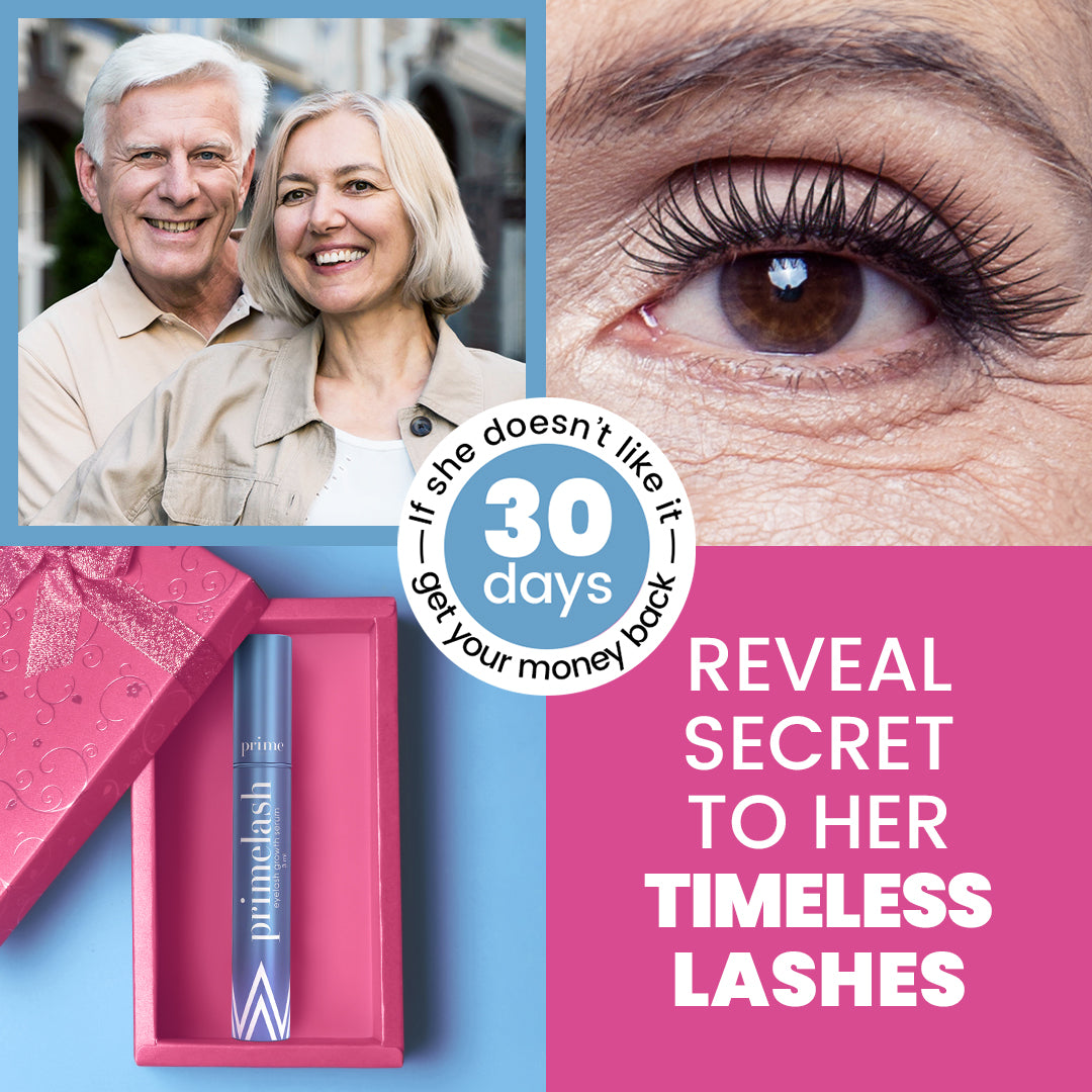 A smiling older couple, a close-up of a womans eye with long lashes, and a pink box containing a lash serum. Text reads: “Reveal secret to her timeless lashes. 30 days money back guarantee.”.