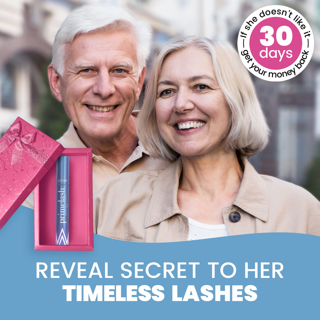 A smiling older couple stands outdoors. In the foreground, there is a pink mascara box. Text reads: “Reveal secret to her timeless lashes.” A circular badge says: “30 days, If she doesn’t like it, get your money back.”.