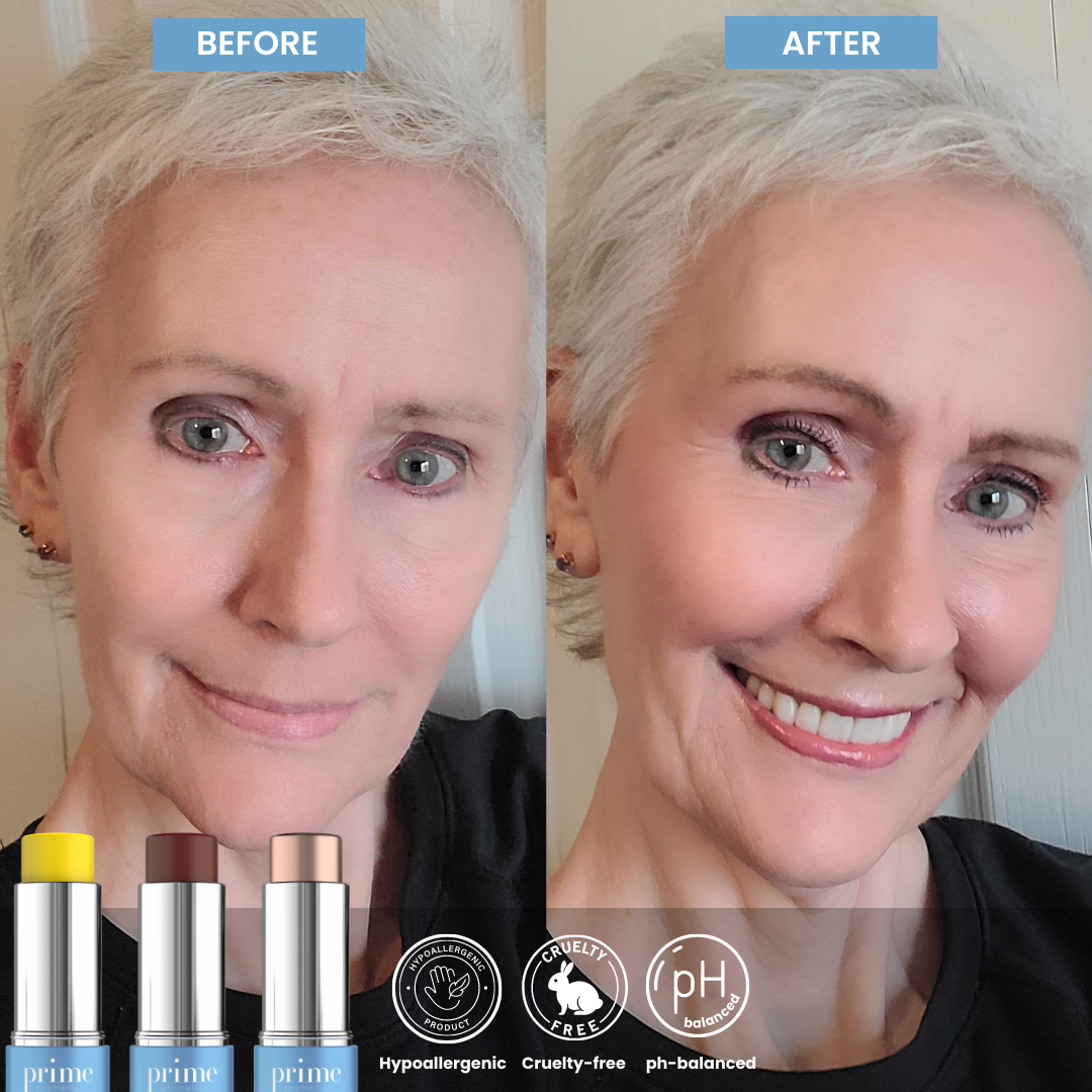 Side-by-side “before” and “after” photos of an older woman with short gray hair, showing improved skin tone and brightness. Three makeup sticks and product icons are shown at the bottom.