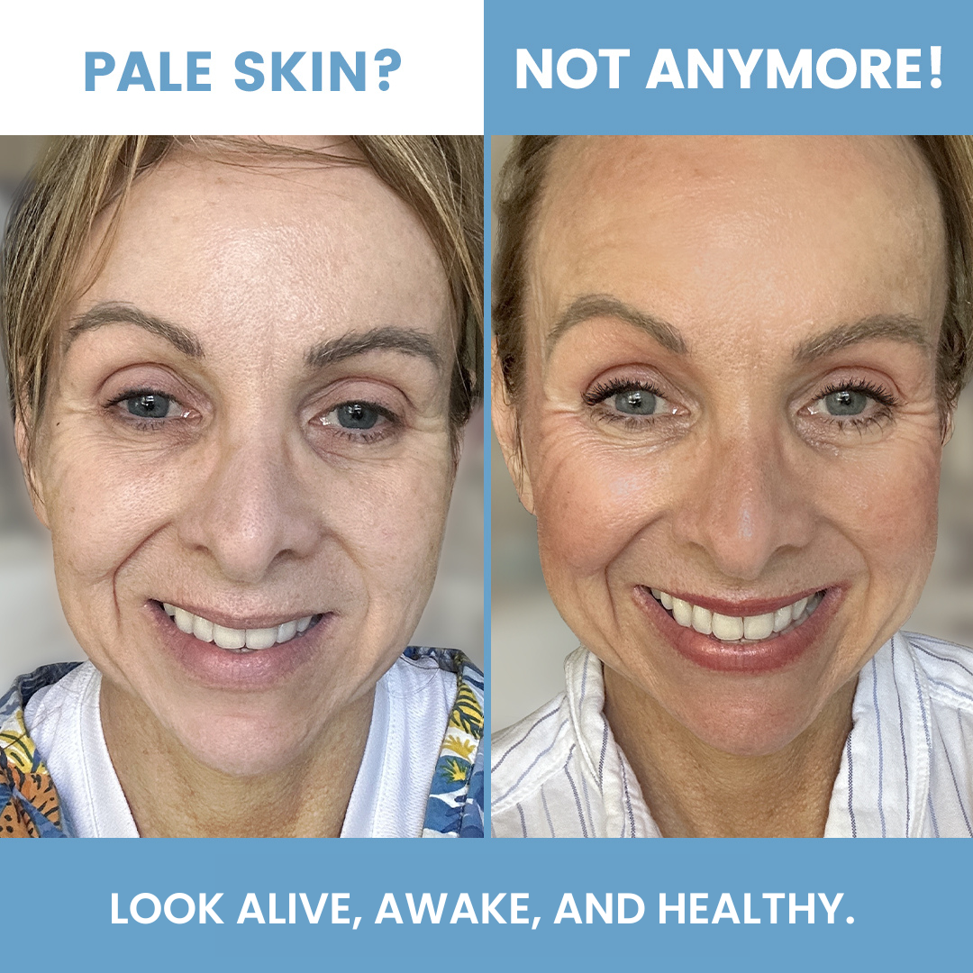 Side-by-side photos of a woman before and after makeup. The left shows her with pale skin and a neutral expression; the right shows her with a warmer complexion, brighter smile, and more vibrant appearance. Text: PALE SKIN? NOT ANYMORE!.