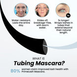 The Mega Glam Bundle features tubing mascara that’s water-resistant, long-lasting, removes easily with warm water, extends lashes 3x longer by wrapping them in tubes; 80% of women report improved lash health.