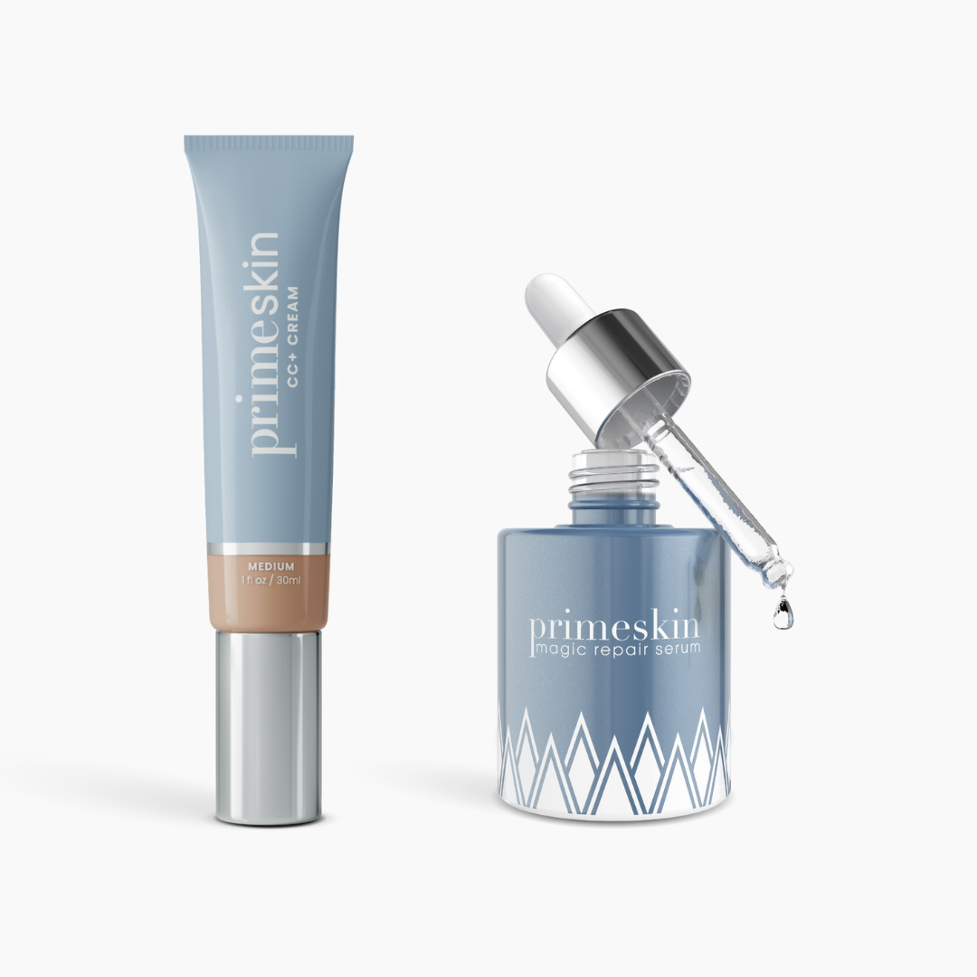 A blue tube and bottle from the PrimePrometics™ Prep & Prime Bundle sit side by side, both with sleek silver caps; a dropper releases serum with a single drop falling.