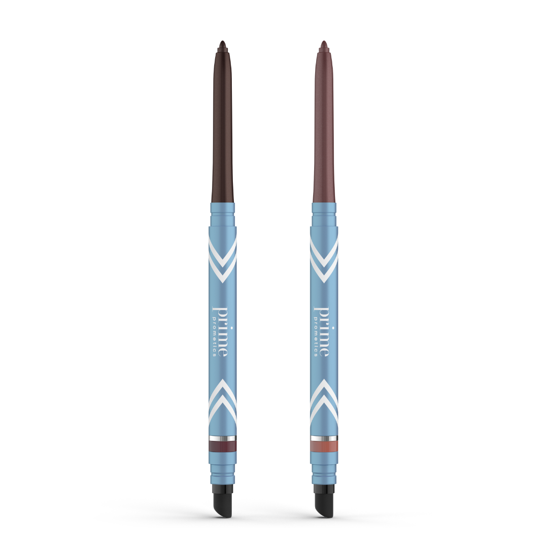 Two blue 2pcs PrimeEyes Glide Eyeliner pencils by PrimePrometics™ stand upright, each featuring a chevron design, dark brown tip, and black smudger. "Prime" is printed on the side. Ideal as a water-resistant, pro-age eyeliner for mature eyelids.