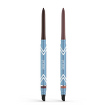 Two blue 2pcs PrimeEyes Glide Eyeliner pencils by PrimePrometics™ stand upright, each featuring a chevron design, dark brown tip, and black smudger. "Prime" is printed on the side. Ideal as a water-resistant, pro-age eyeliner for mature eyelids.