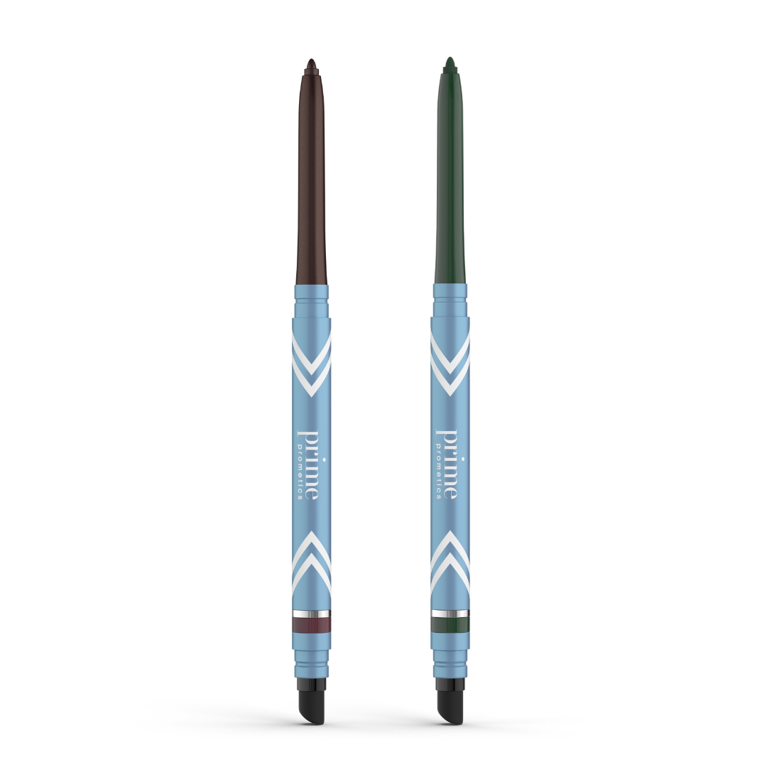 The 2pcs PrimeEyes Glide Eyeliner by PrimePrometics™ features water-resistant, retractable pencils with blue and white barrels—one with a brown tip and one green—ideal as pro-age eyeliners for mature skin.