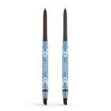 The 2pcs PrimeEyes Glide Eyeliner by PrimePrometics™ features water-resistant, retractable pencils with blue and white barrels—one with a brown tip and one green—ideal as pro-age eyeliners for mature skin.