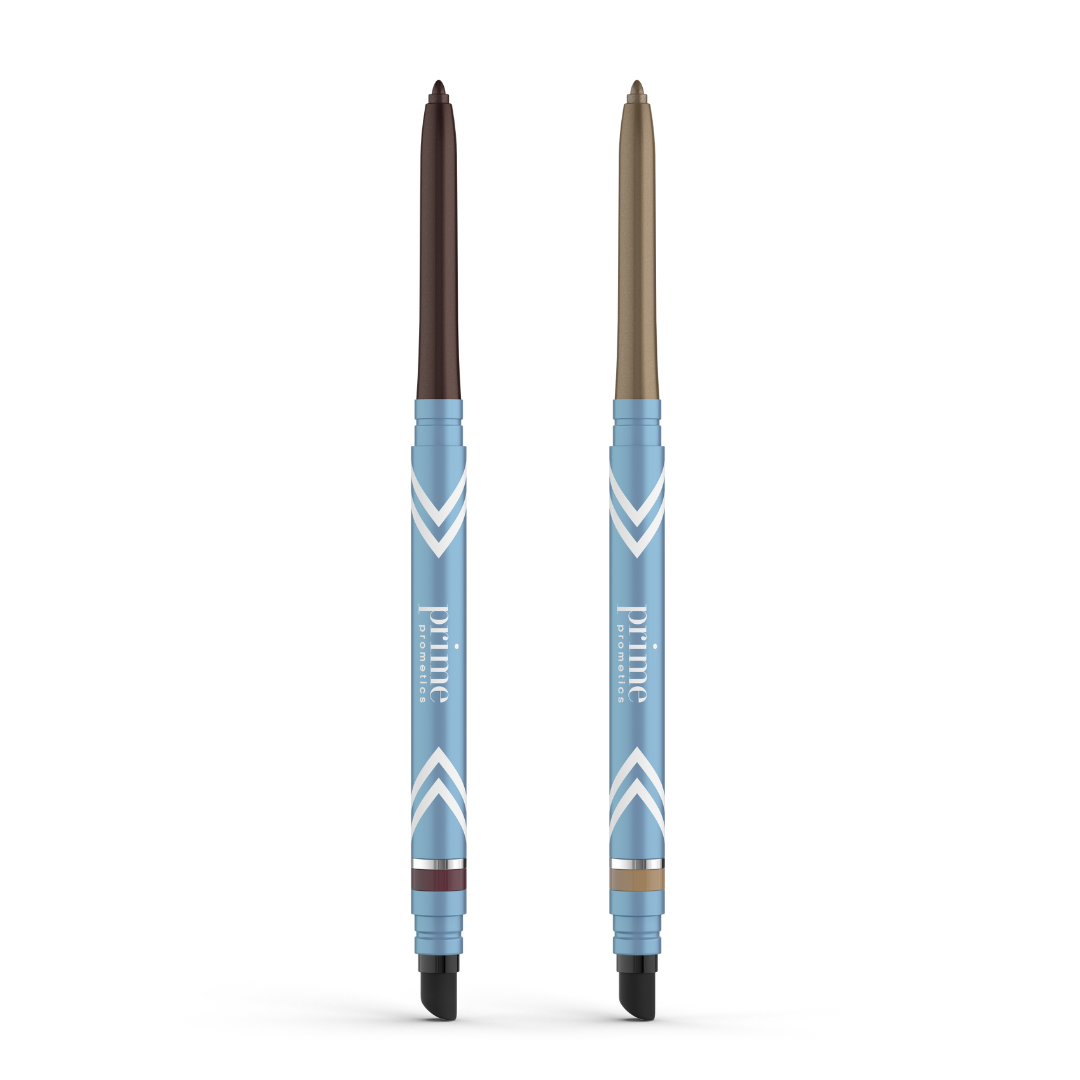 The 2pcs PrimeEyes Glide Eyeliner by PrimePrometics™ features two retractable, water-resistant pro-age pencils—one dark brown and one light brown—with blue and white barrels, smudgers at the base, and effortless application.