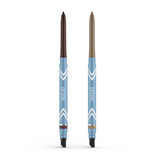 The 2pcs PrimeEyes Glide Eyeliner by PrimePrometics™ features two retractable, water-resistant pro-age pencils—one dark brown and one light brown—with blue and white barrels, smudgers at the base, and effortless application.
