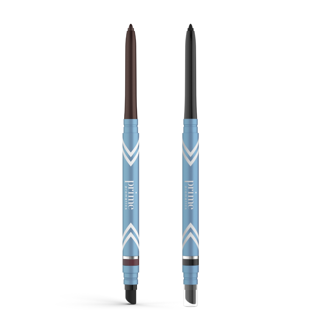 The PrimePrometics™ 2pcs PrimeEyes Glide Eyeliner set features retractable, water-resistant pencils with blue barrels, silver chevrons, smudger tips, and brown and black shades—ideal pro-age eyeliner for mature skin.