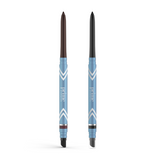 The PrimePrometics™ 2pcs PrimeEyes Glide Eyeliner set features retractable, water-resistant pencils with blue barrels, silver chevrons, smudger tips, and brown and black shades—ideal pro-age eyeliner for mature skin.