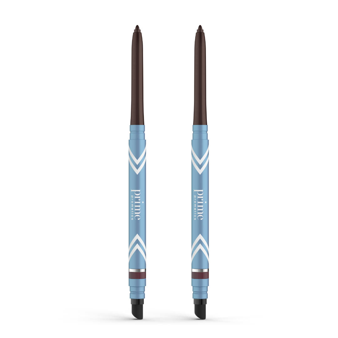 Two PrimePrometics™ PrimeEyes Glide Eyeliners, in brown, stand upright in blue and white packaging against a white background—ideal as pro-age, water-resistant eyeliner for mature skin.