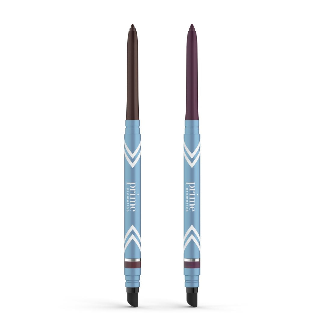 The 2pcs PrimeEyes Glide Eyeliner by PrimePrometics™ features retractable liners with light blue barrels, white chevrons, and smudger ends—one dark brown, one deep plum—both water-resistant for lasting wear.
