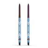 The 2pcs PrimeEyes Glide Eyeliner by PrimePrometics™ features retractable liners with light blue barrels, white chevrons, and smudger ends—one dark brown, one deep plum—both water-resistant for lasting wear.