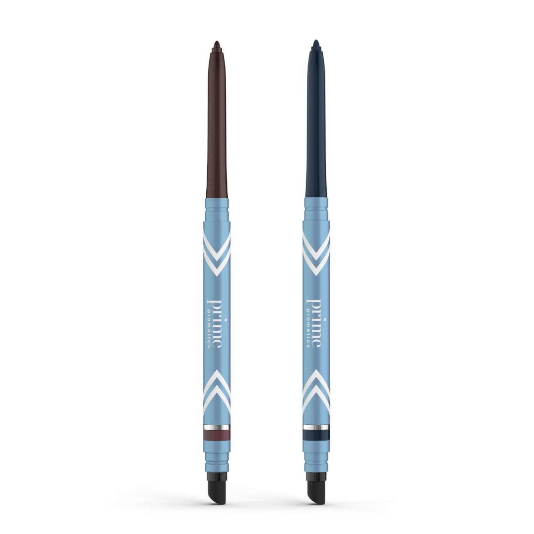Two blue PrimePrometics™ PrimeEyes Glide Eyeliners stand upright. The left has a brown tip, the right a dark blue tip. Both feature white chevrons and water-resistant formula, perfect for mature skin. Set includes 2pcs.