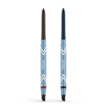 Two blue PrimePrometics™ PrimeEyes Glide Eyeliners stand upright. The left has a brown tip, the right a dark blue tip. Both feature white chevrons and water-resistant formula, perfect for mature skin. Set includes 2pcs.