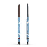 Two retractable, water-resistant PrimePrometics™ 2pcs PrimeEyes Glide Eyeliner pencils in blue and white “prime” designs stand upright with brown and gray tips, smudger ends, ideal as pro-age eyeliner for mature skin.
