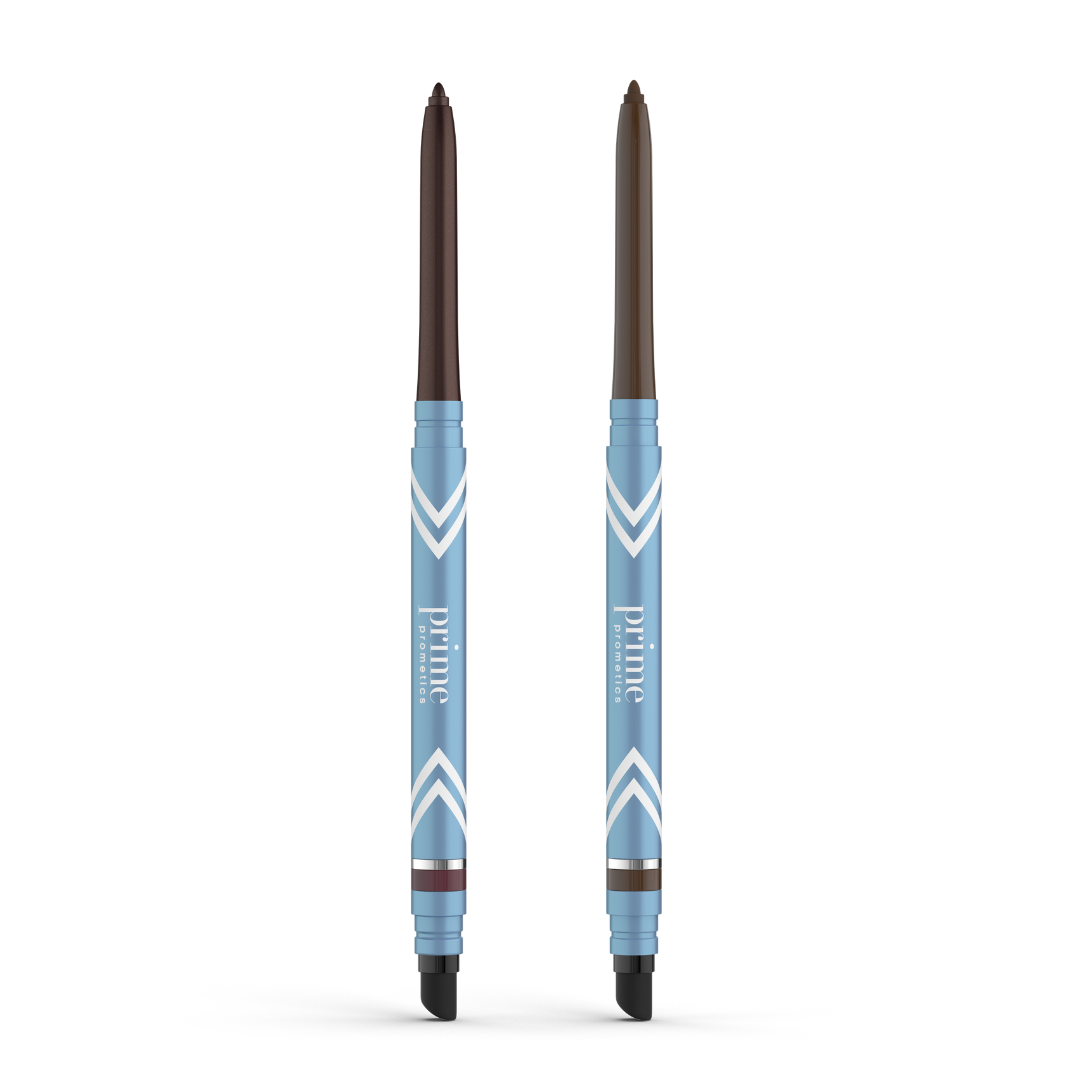 Two upright PrimePrometics™ PrimeEyes Glide Eyeliner pencils, blue with white zigzag patterns, brown tips, and sponge smudgers. Water-resistant; ideal for mature skin. Set includes 2pcs against a white background.