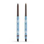 Two upright PrimePrometics™ PrimeEyes Glide Eyeliner pencils, blue with white zigzag patterns, brown tips, and sponge smudgers. Water-resistant; ideal for mature skin. Set includes 2pcs against a white background.