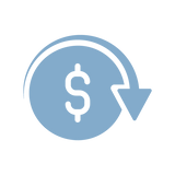 A blue dollar sign inside a circle with an arrow curving around it, symbolizing a financial refund or money being returned.