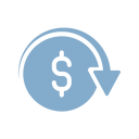 A blue dollar sign inside a circle with an arrow curving around it, symbolizing a financial transaction, refund, or money transfer on a light gray background.