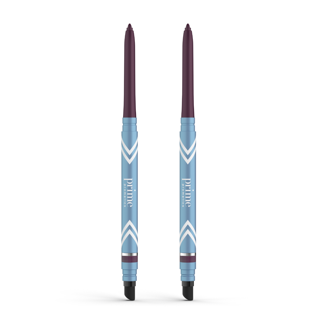 Two blue PrimePrometics™ 2pcs PrimeEyes Glide Eyeliners with purple tips and chevron patterns stand upright. Water-resistant, designed for mature skin, each barrel shows "prime" and includes a black smudging tool at the lower end.