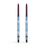 Two blue PrimePrometics™ 2pcs PrimeEyes Glide Eyeliners with purple tips and chevron patterns stand upright. Water-resistant, designed for mature skin, each barrel shows "prime" and includes a black smudging tool at the lower end.