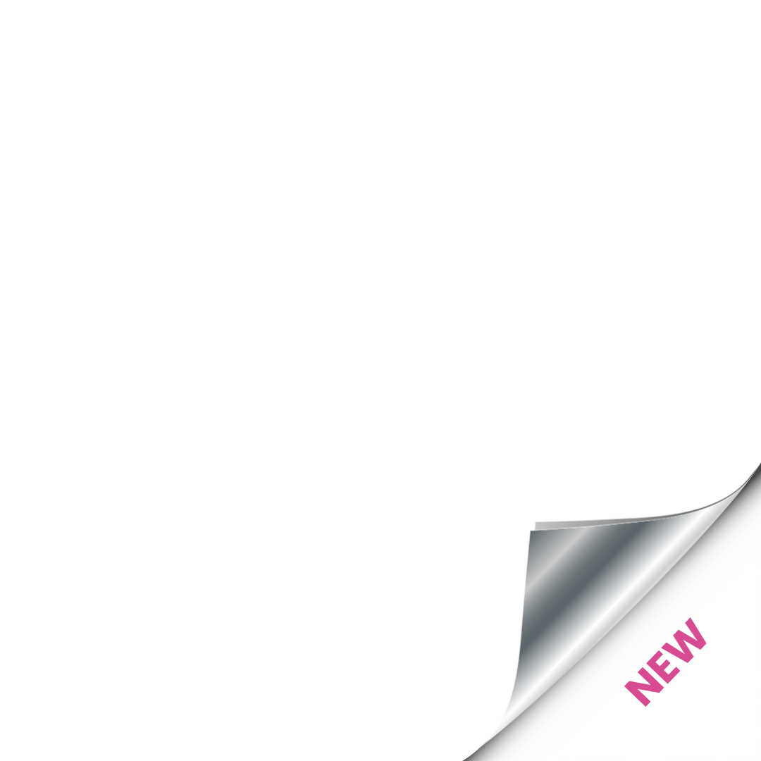 A mostly blank white page with the bottom right corner curled up, revealing a metallic underside. The word NEW in pink is visible under the curled corner.